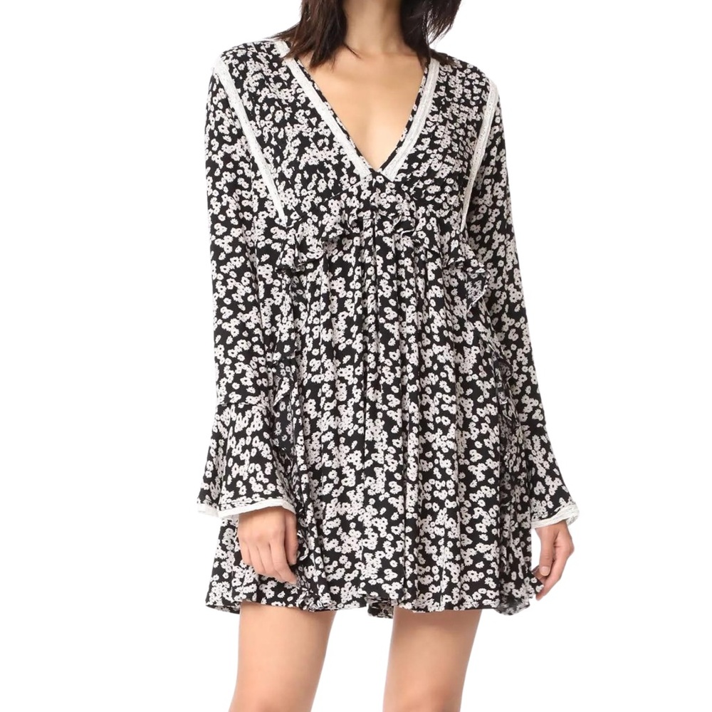 Free People Like Your Best Black White Floral Print Mini Babydoll Dress XS